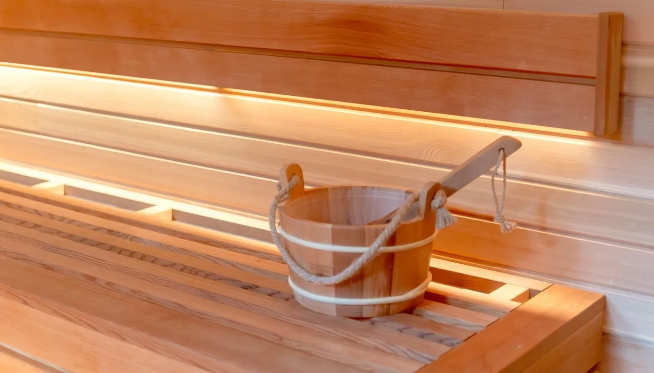 Wooden sauna interior with bucket and ladle
