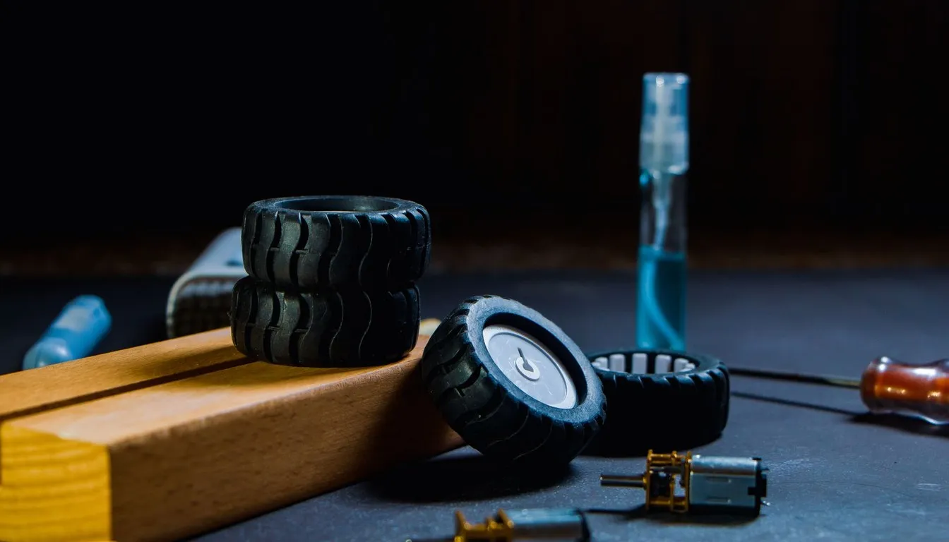 Toy car wheels, a wooden block, and small motor parts on a bench