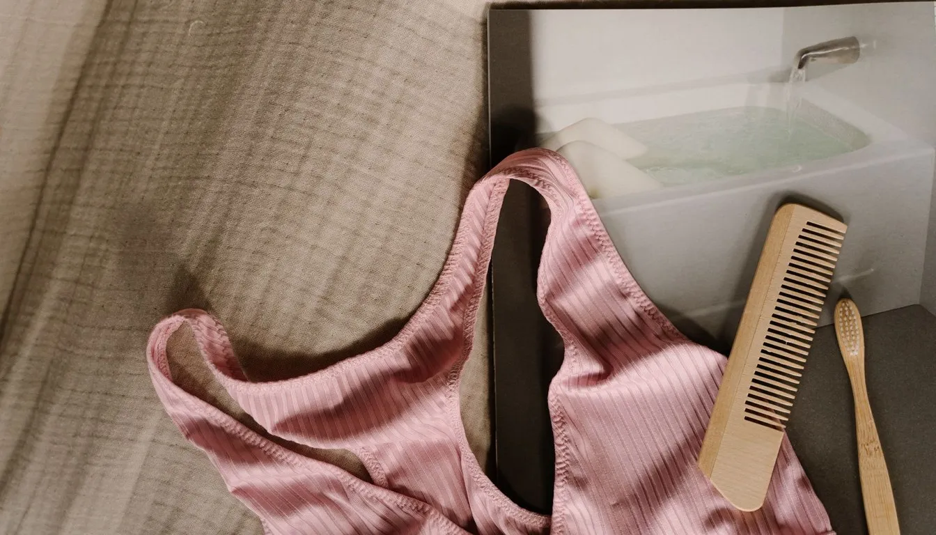 Soft pink garment with combs beside a bath