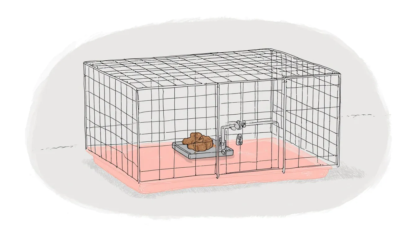 A wire cage trap baited on a tray