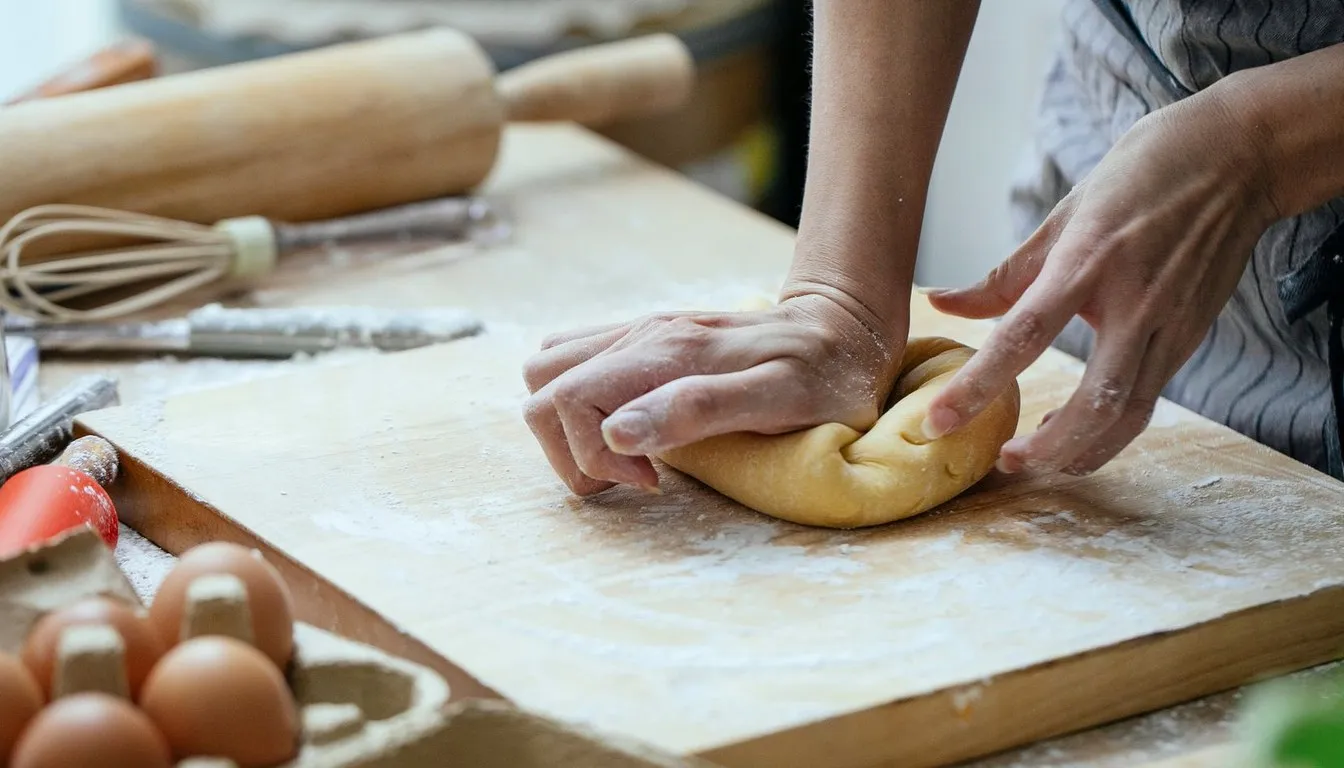 Hands kneading dough on a floured board