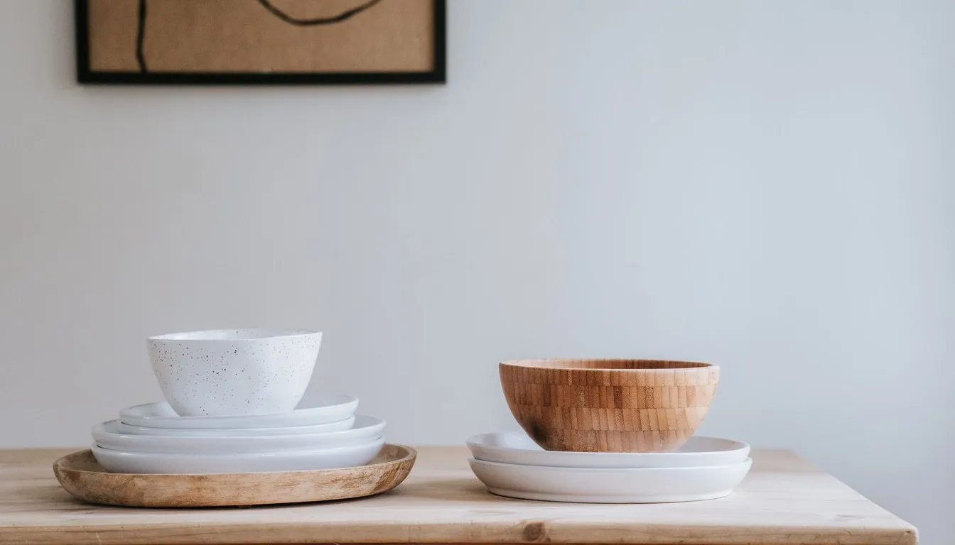 White and wooden bowls stacked on a table
