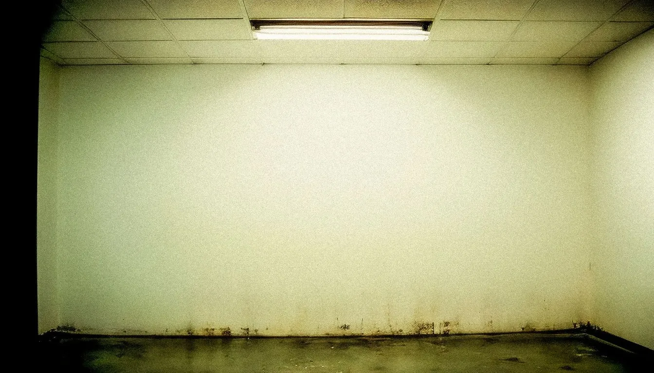 Empty basement room with stained floor