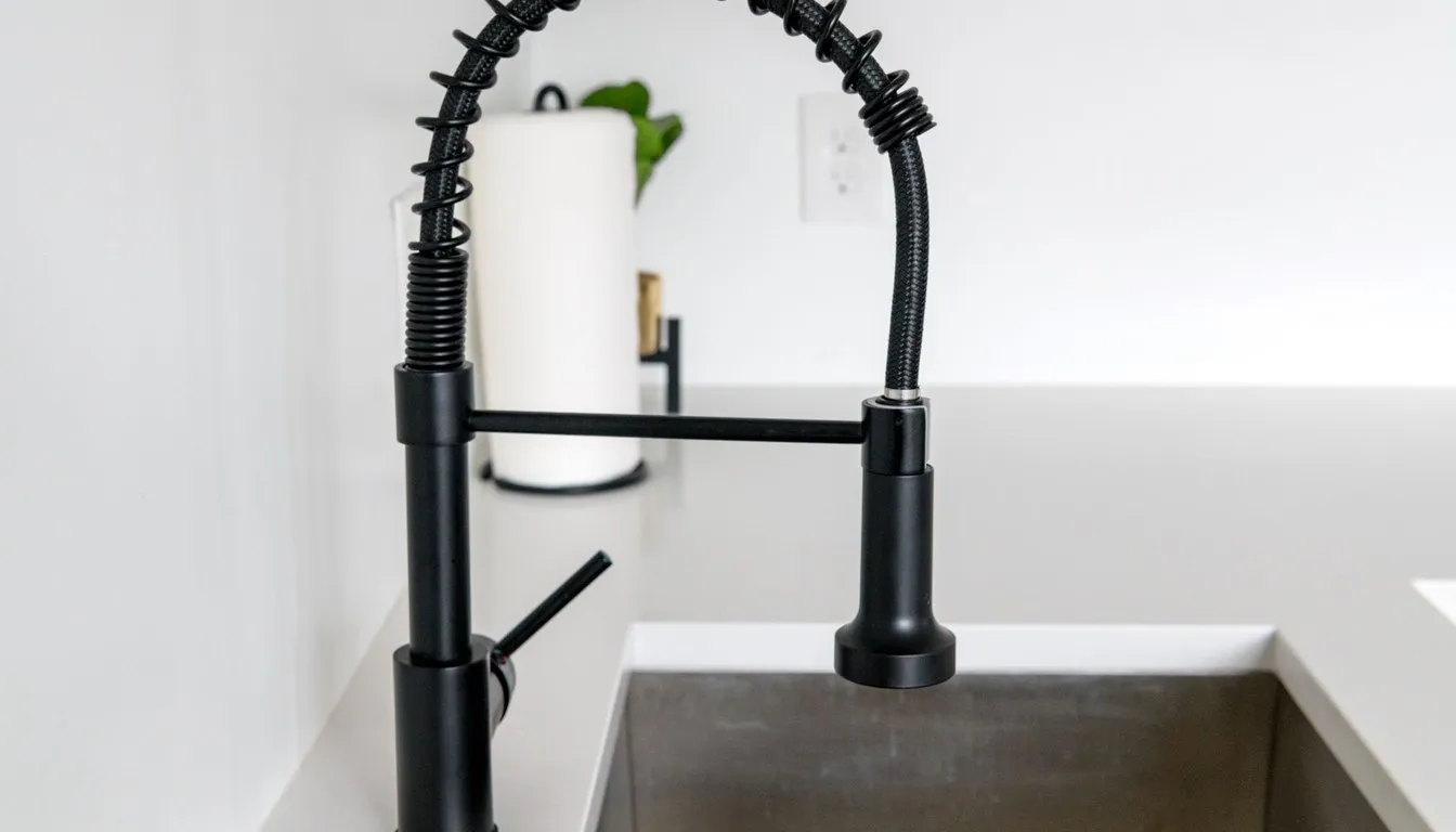 Black faucet over a dark kitchen sink