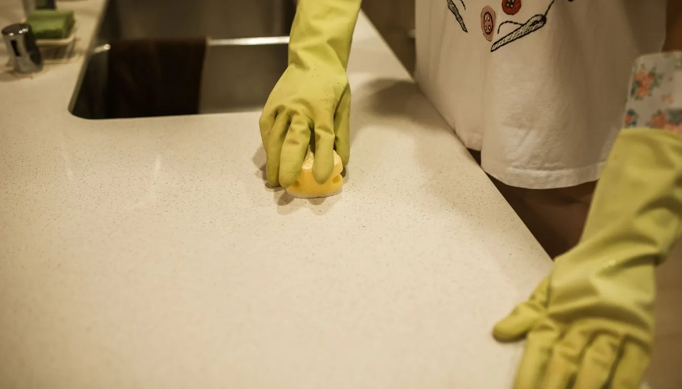 Gloved hands wiping a solid-surface kitchen countertop