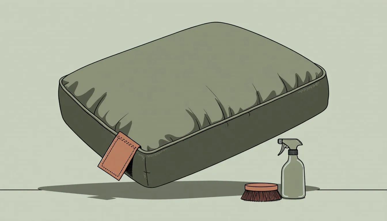 A cushion lifted at the corner to reveal a fabric care tag in the seam, beside a brush and spray bottle