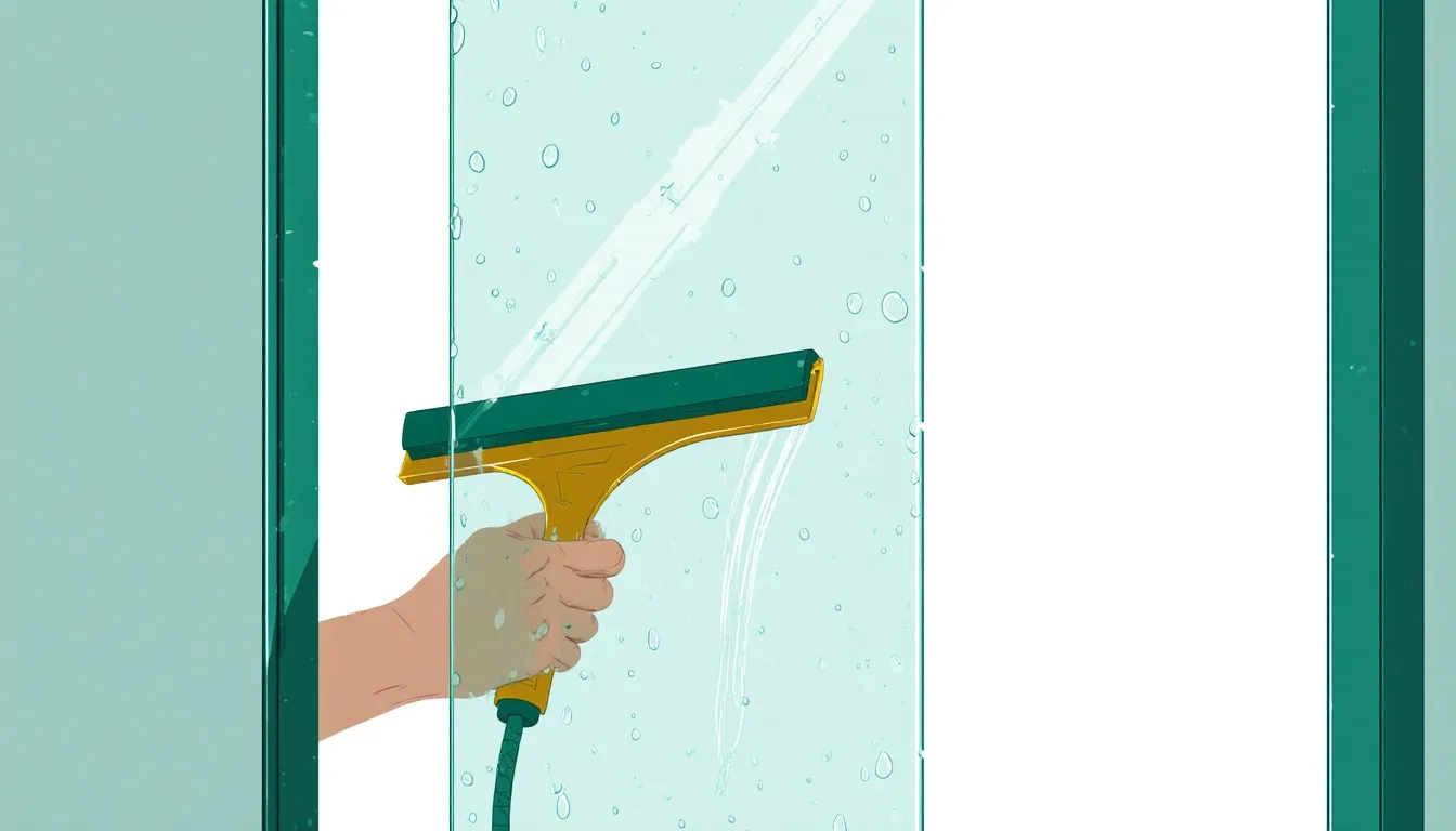 Squeegee pulling water down a glass shower door