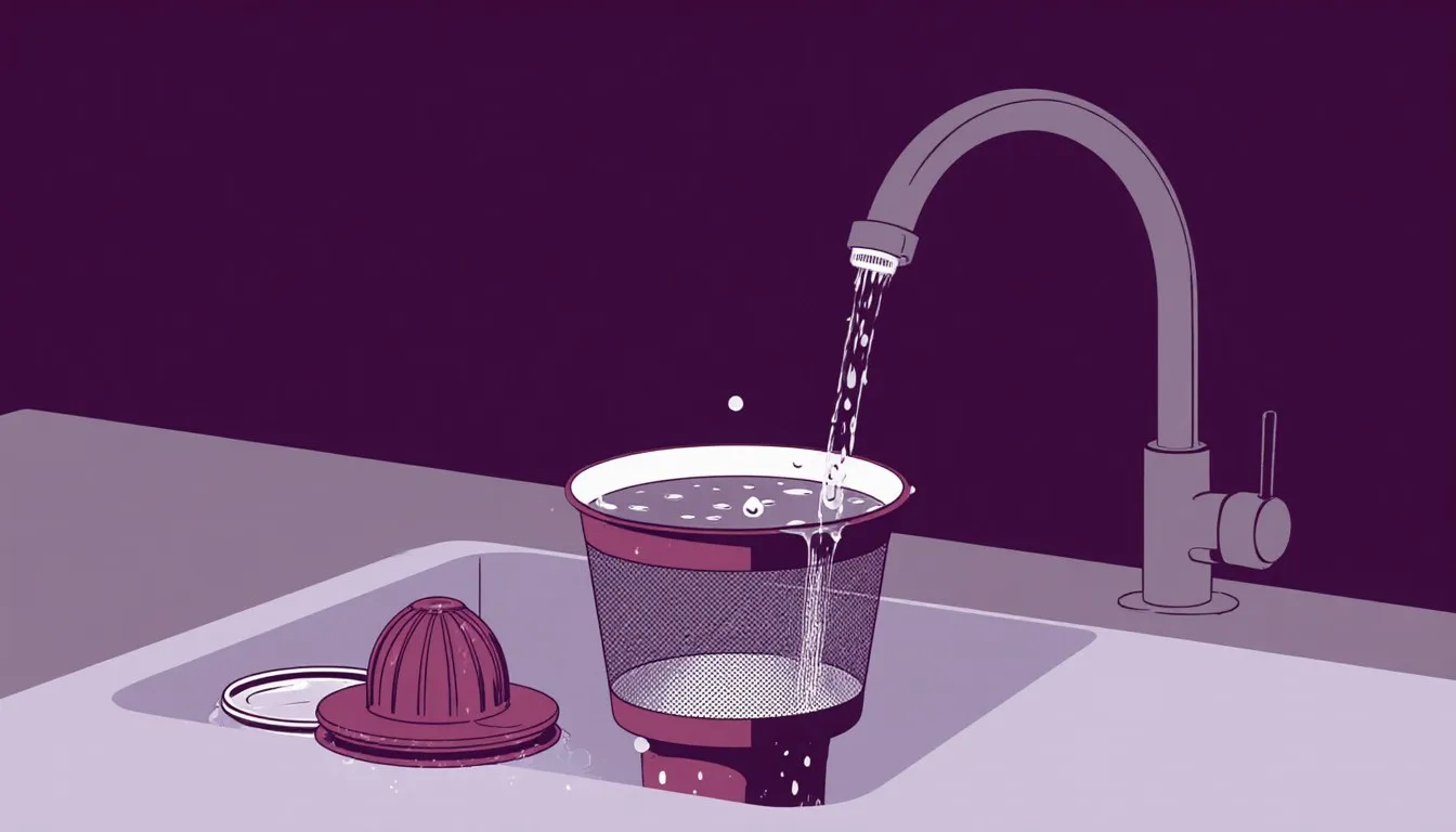 Juicer strainer basket and reamer being rinsed under a kitchen faucet