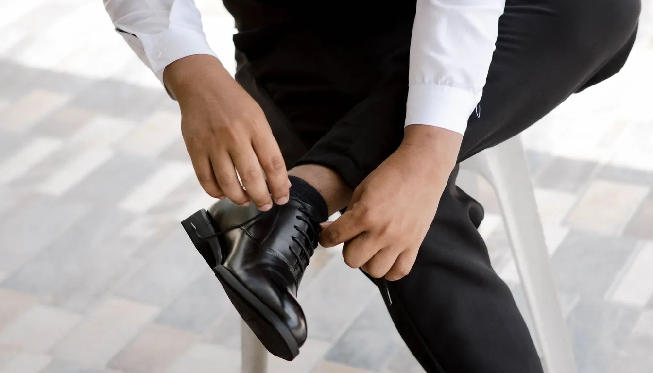 Man fastening a black leather dress shoe