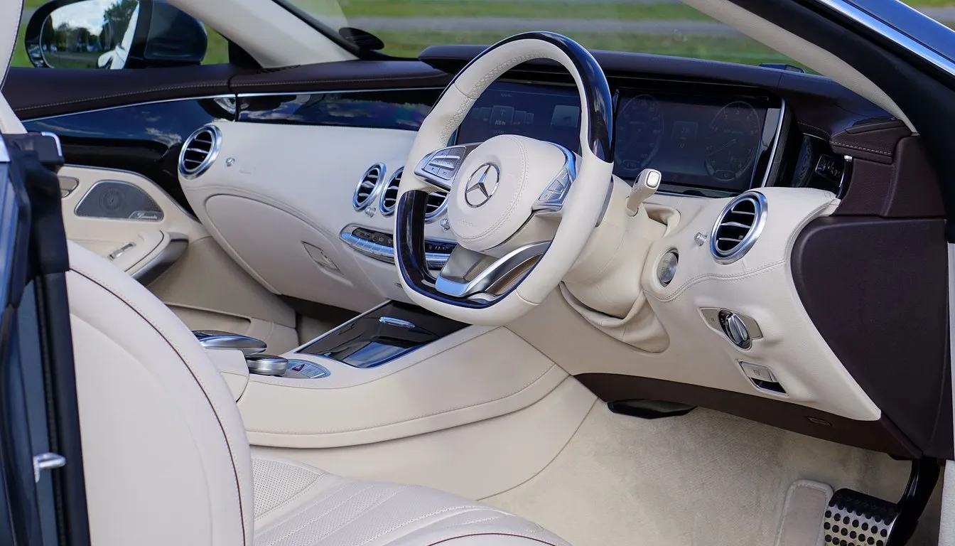 White faux leather car interior with steering wheel