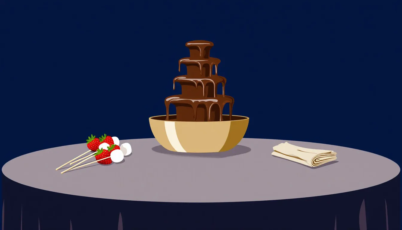 Tiered chocolate fountain on a table with skewered fruit