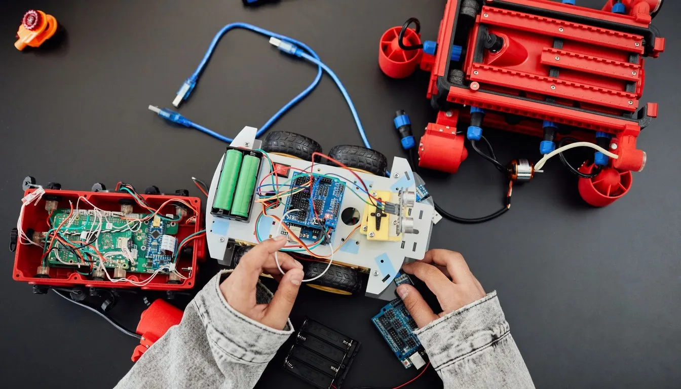Child's electronic toy car opened up showing circuit boards and battery packs
