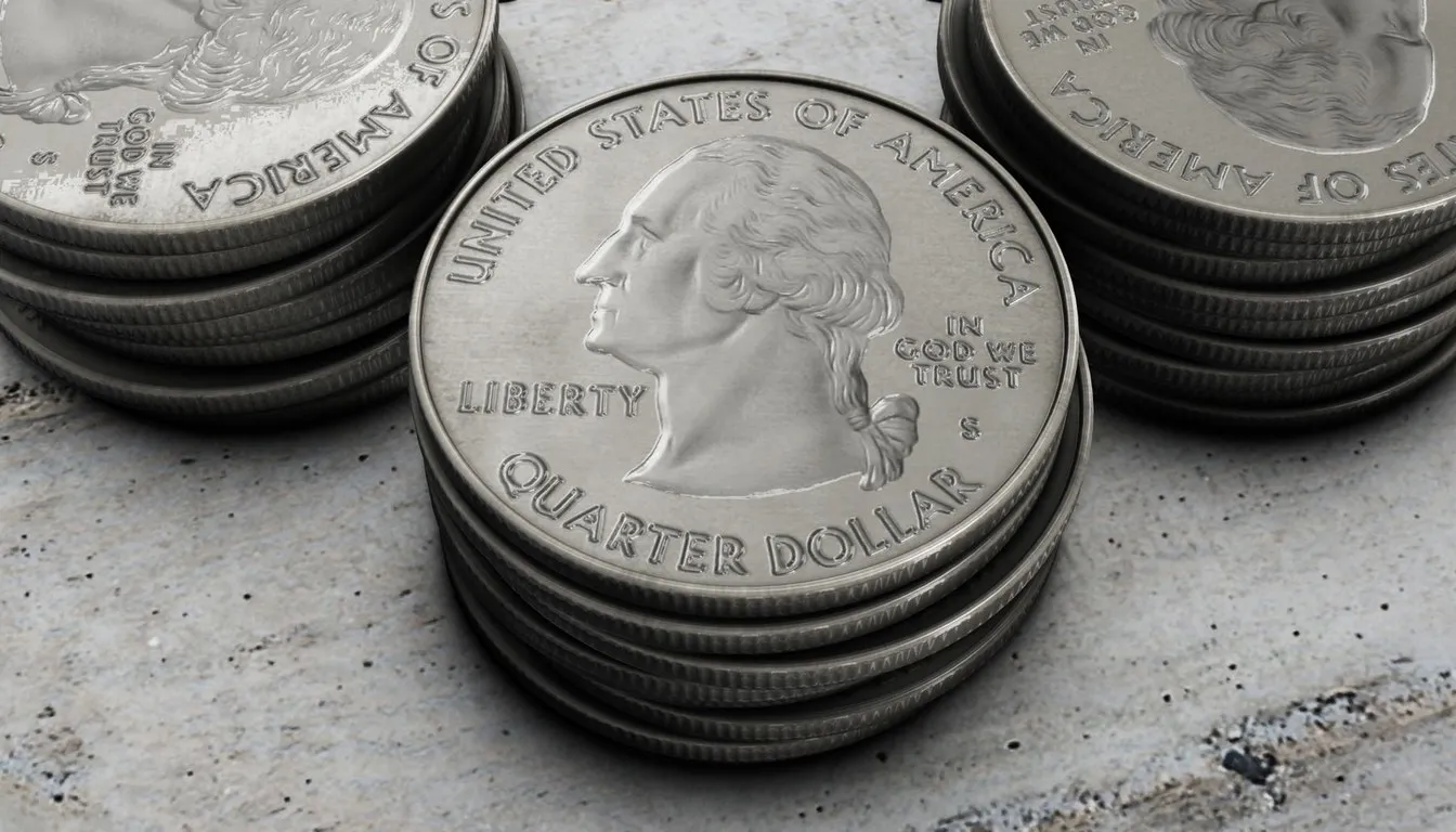 Stacks of silver United States quarter dollar coins