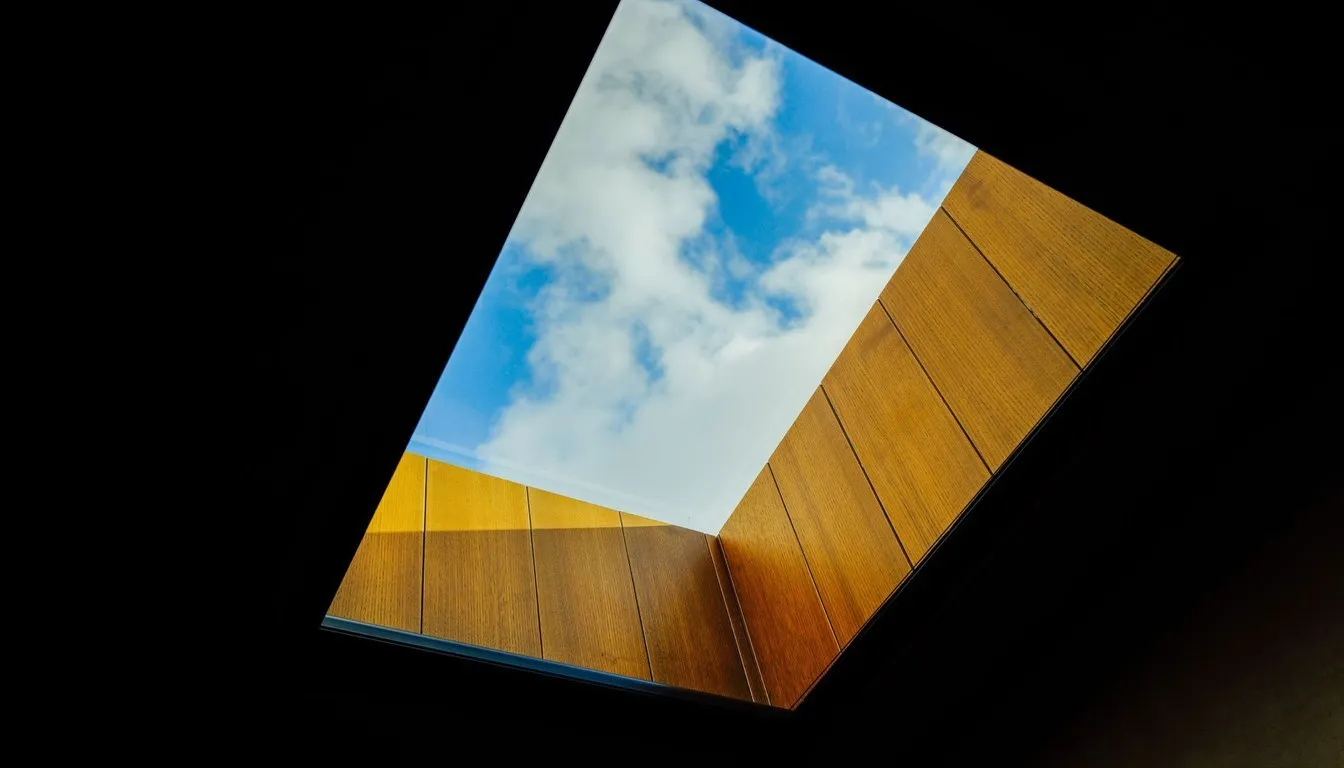A skylight seen from below, framing blue sky and clouds