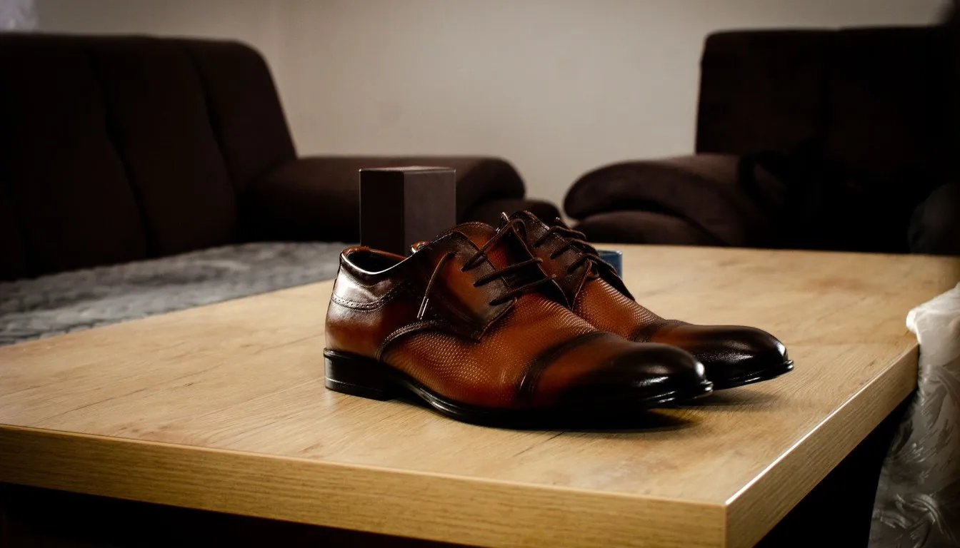 Brown leather dress shoes on a table