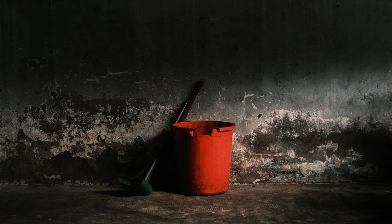 Red bucket against a weathered stucco wall