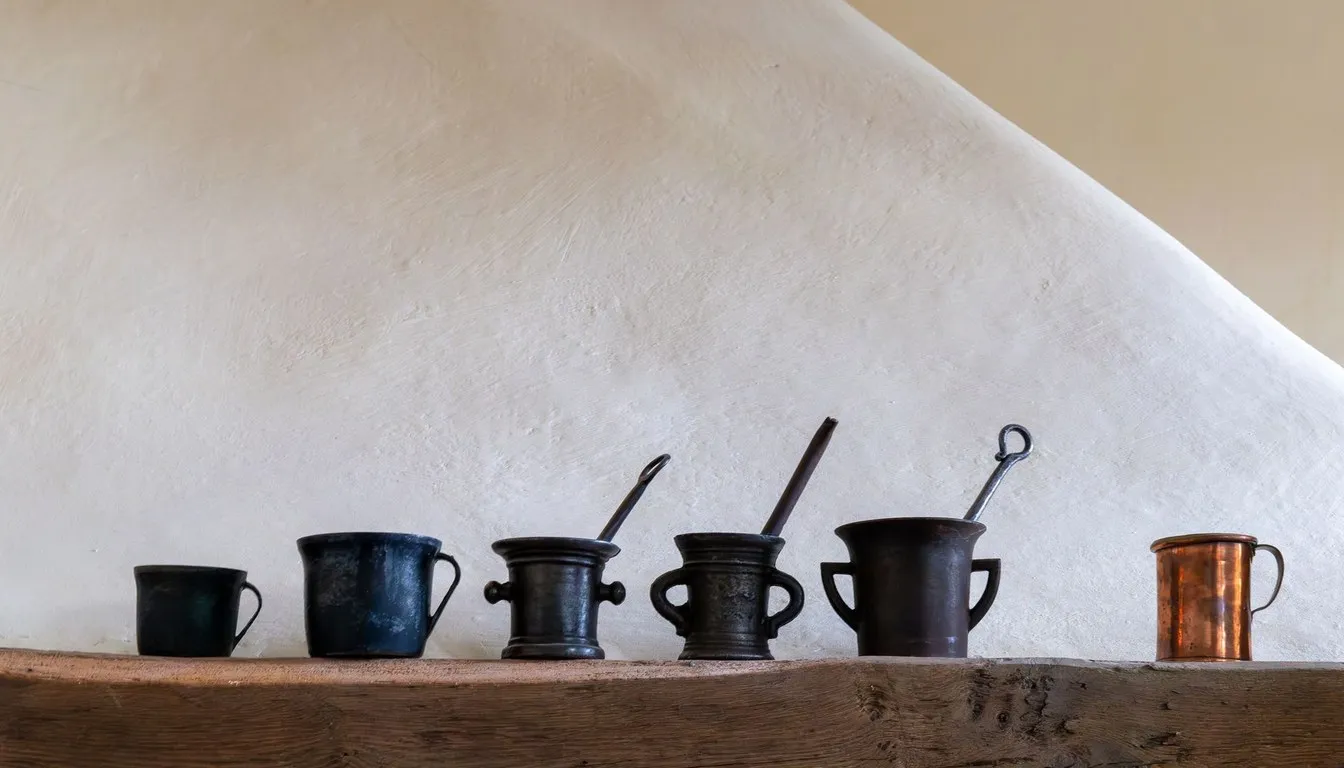 Row of dark pewter tankards on a wooden shelf