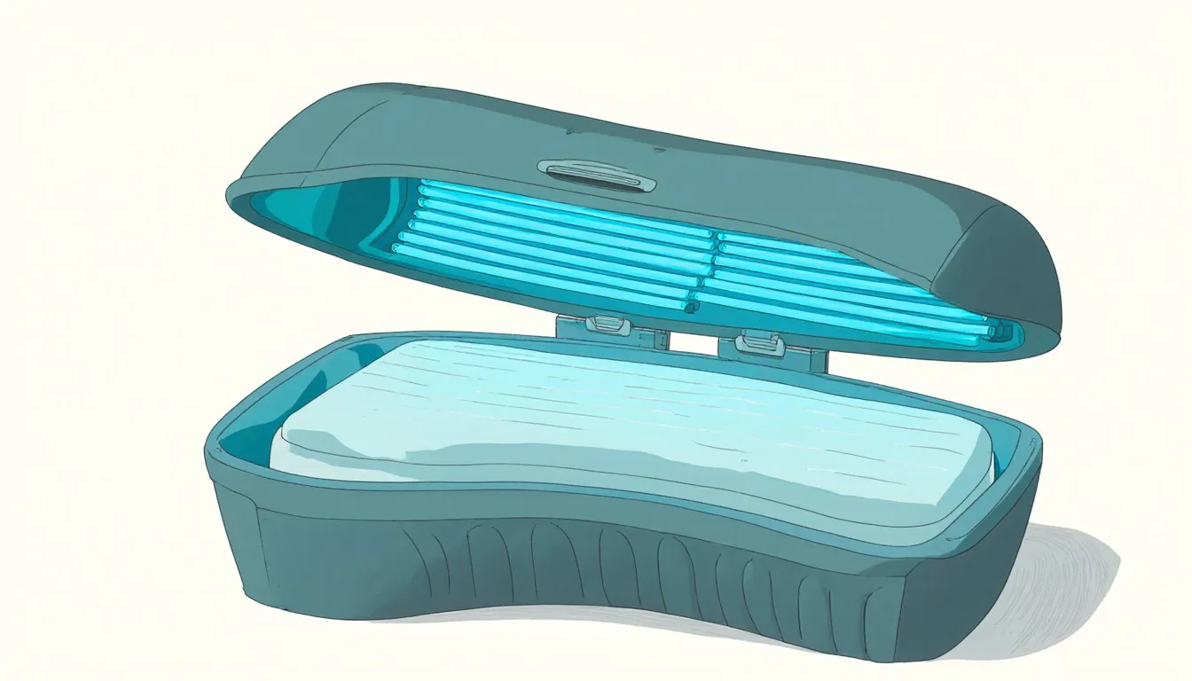 Open tanning bed with its lamps lit