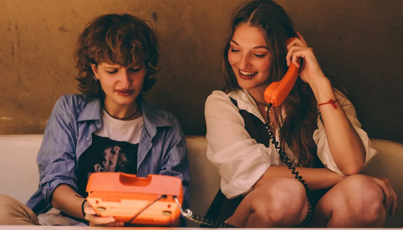 Two women with a vintage rotary telephone and radio