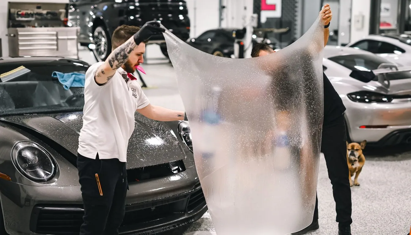Technician applying tint film to a car window