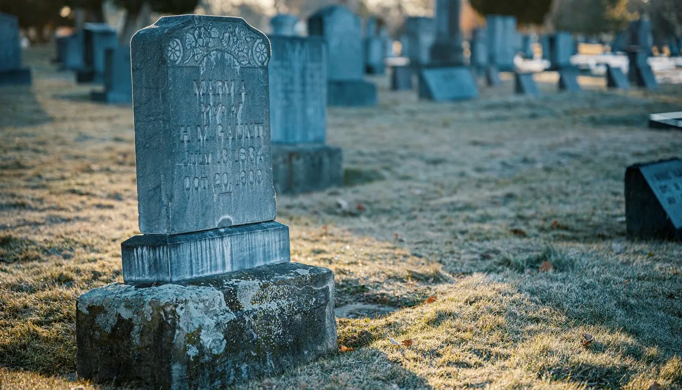 Weathered tombstones in a frosty cemetery