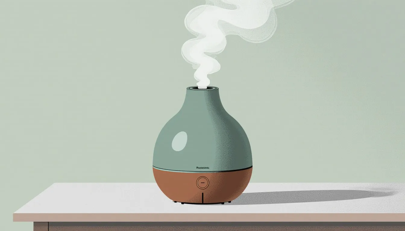 Ultrasonic humidifier releasing mist on a tabletop