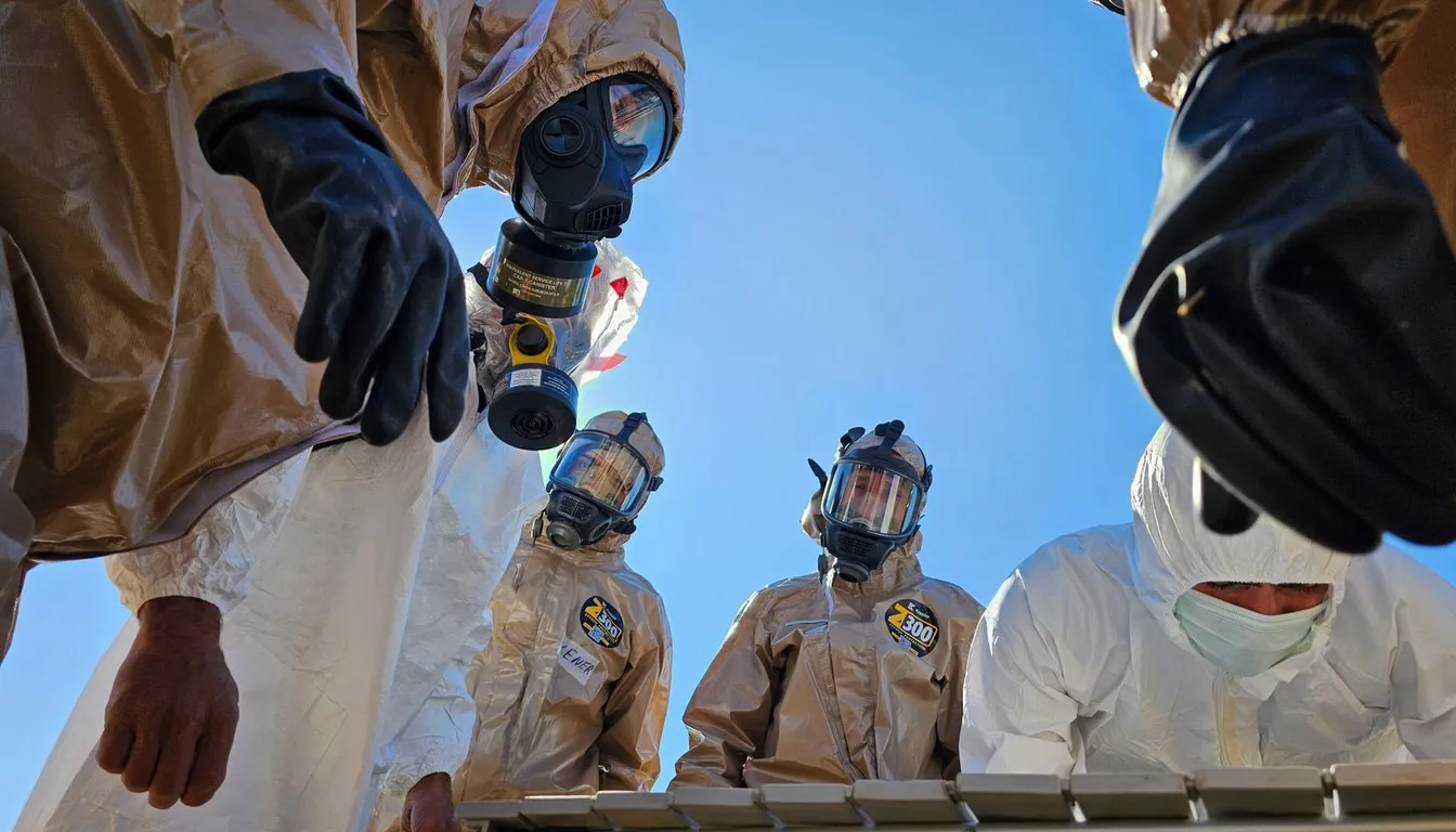 Workers in protective suits and respirators