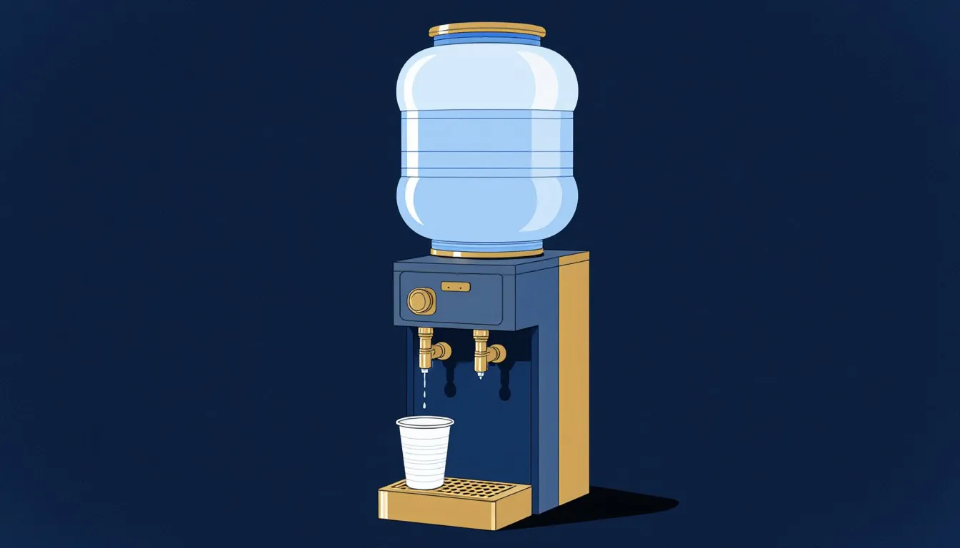 Bottled water cooler with a cup on its tray