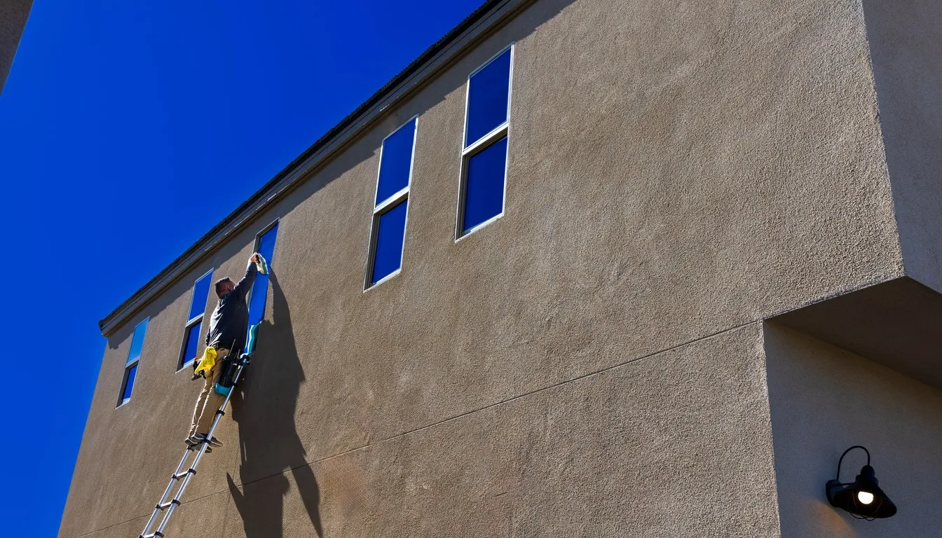Worker on a ladder at a stucco house window