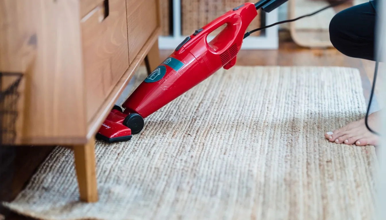 Red vacuum cleaning a woven rug