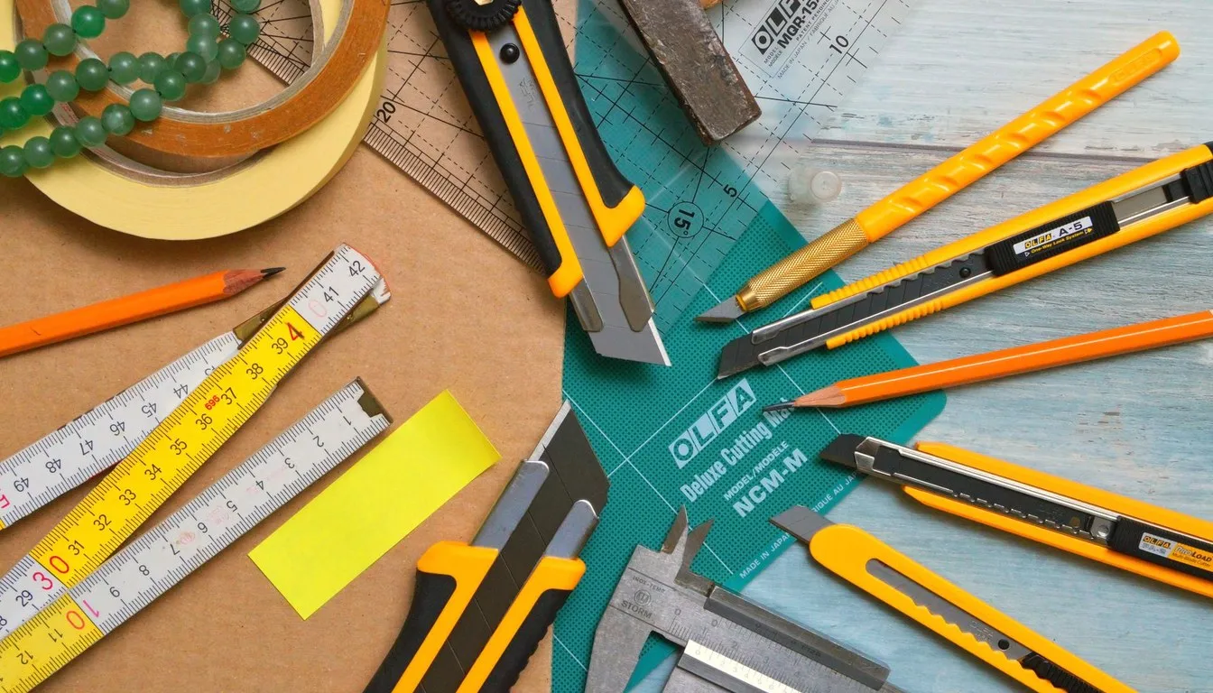 Utility knives and a cutting mat on a work surface