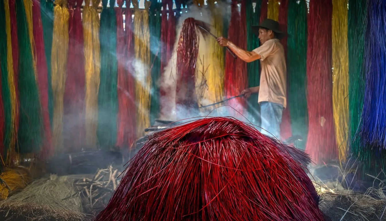Worker hanging freshly dyed fiber bundles in bright colors
