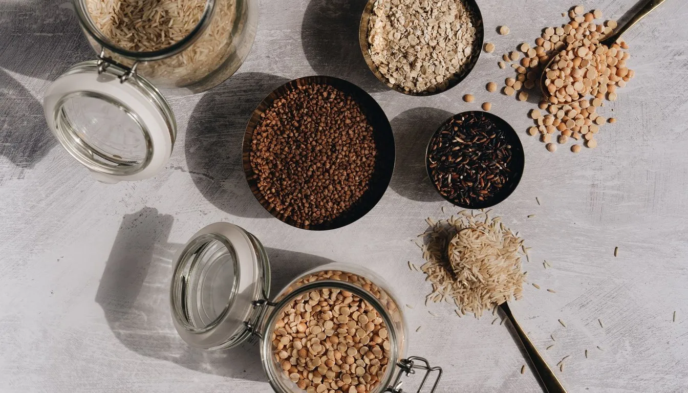 Pantry grains stored in sealed glass jars