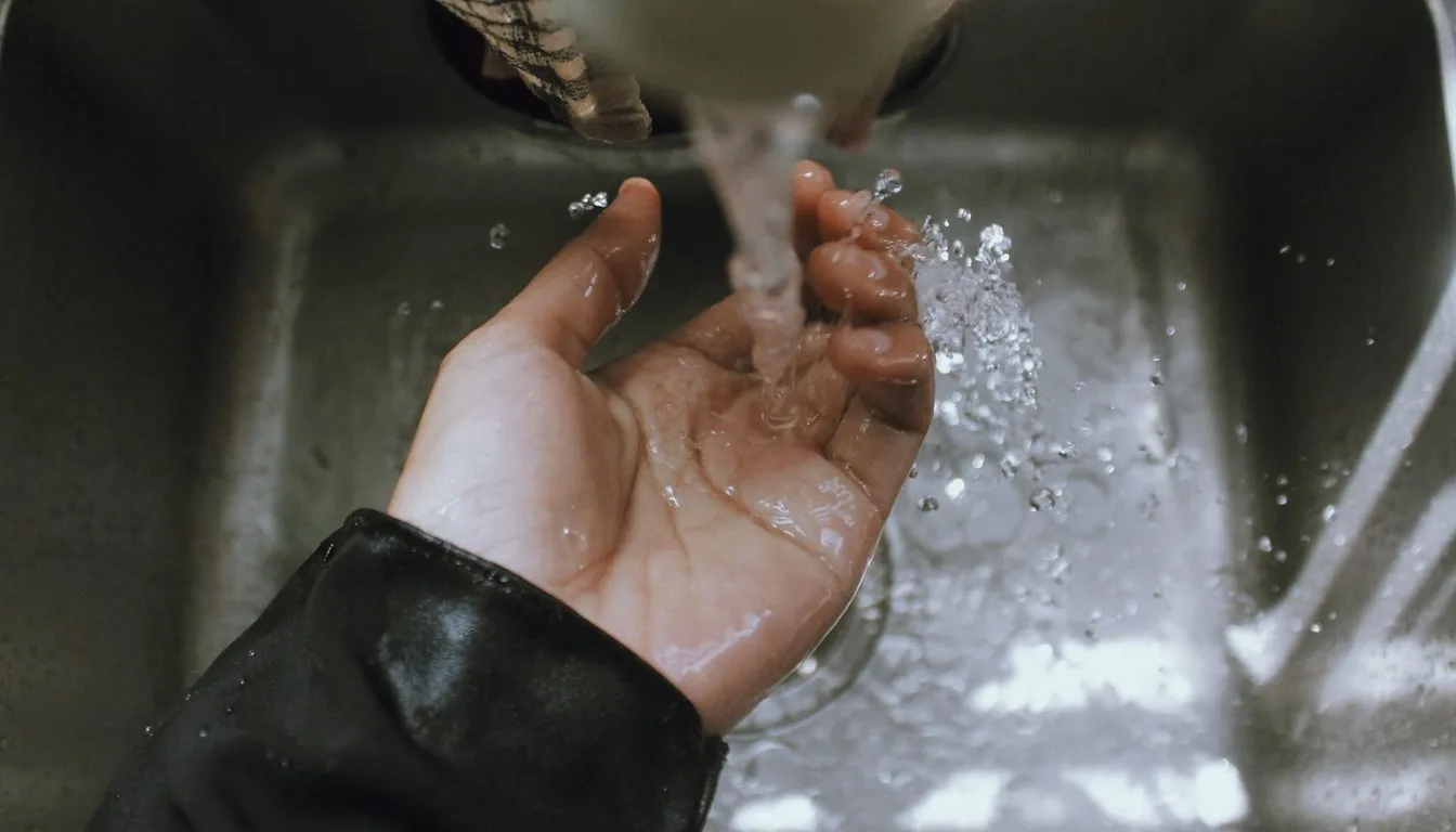 Hand under running water at a stainless sink