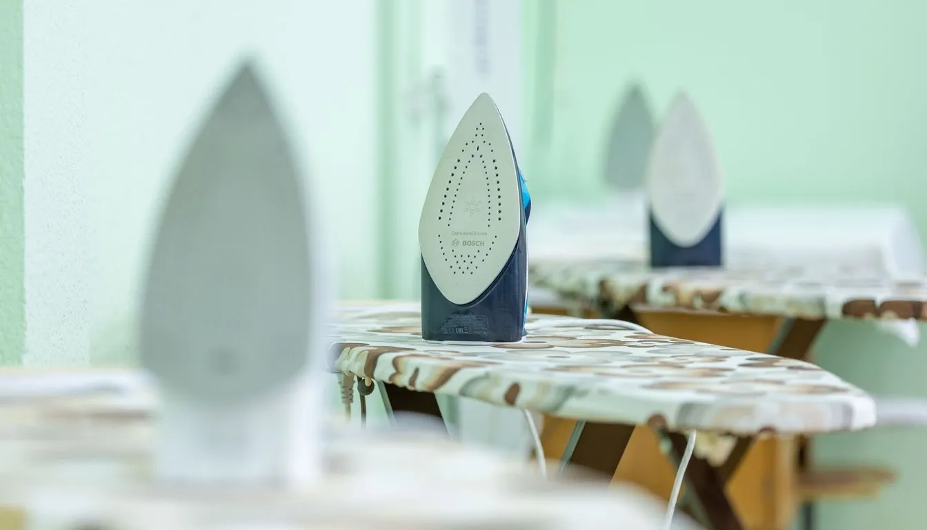 Clothes irons standing on an ironing board