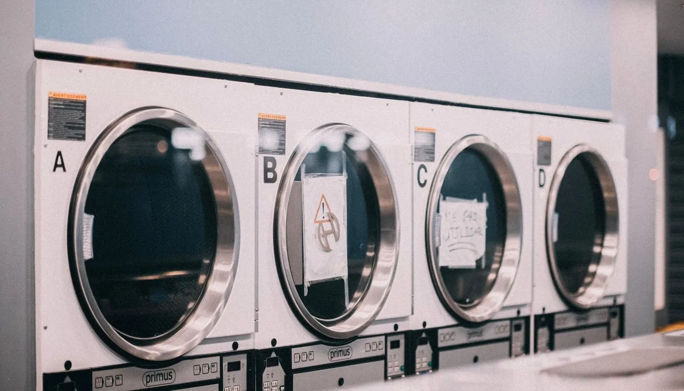A row of front-loading dryers in a laundromat