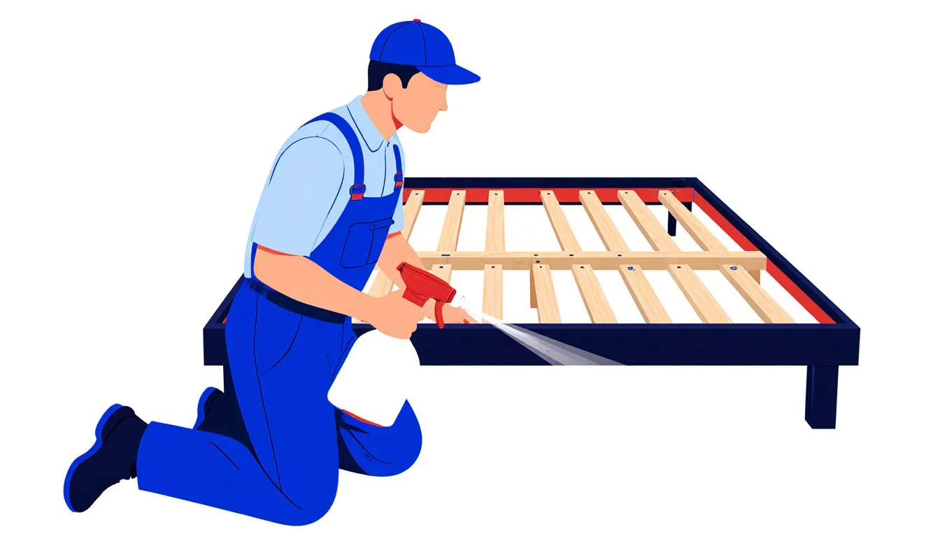 A pest technician spraying the slats of a bed frame
