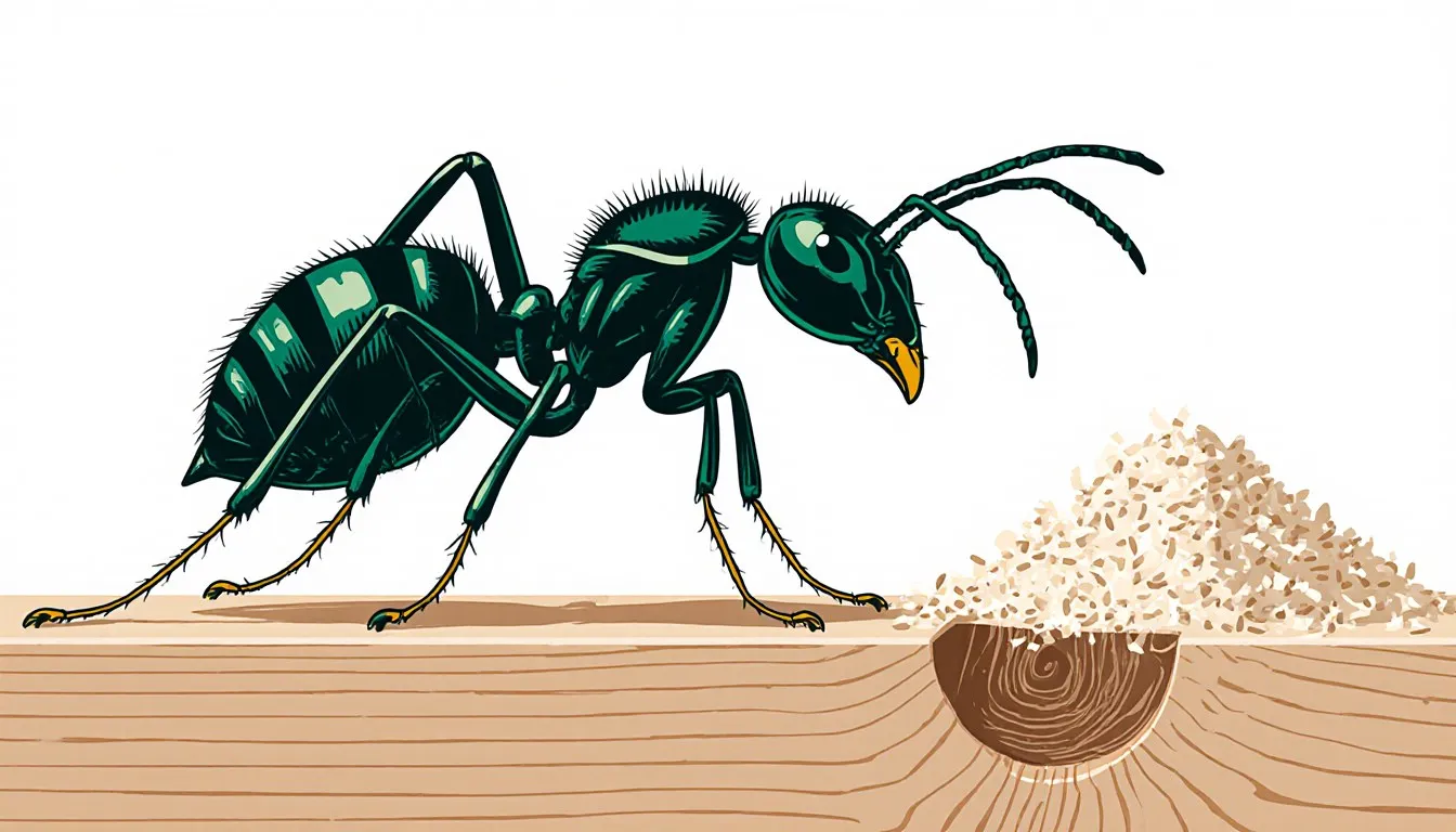 A carpenter ant beside sawdust at a hole in wood