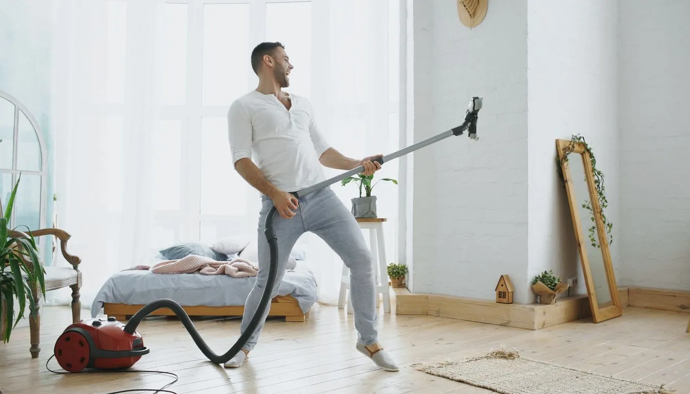 Man vacuuming around a bedroom mattress