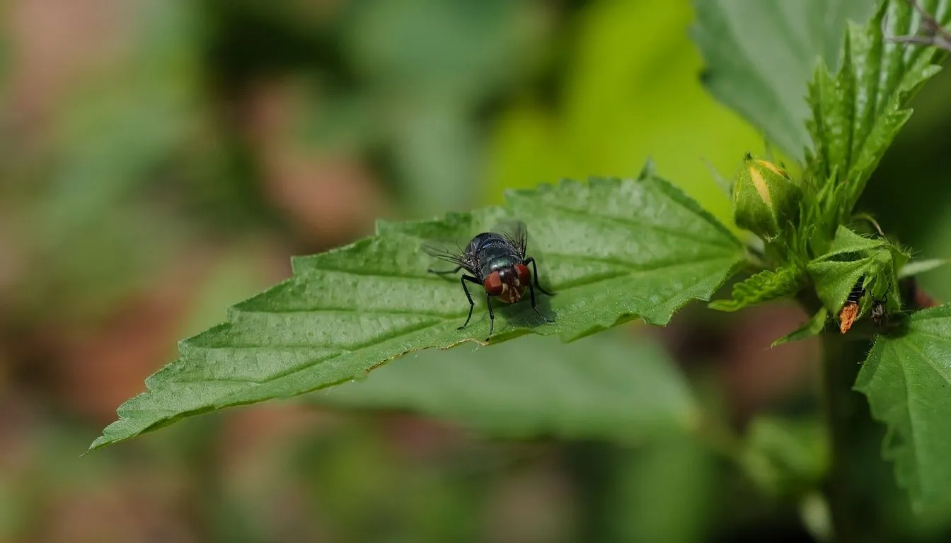 Housefly resting on a green leaf
