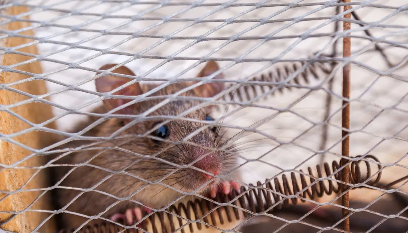 Mouse peering through wire mesh