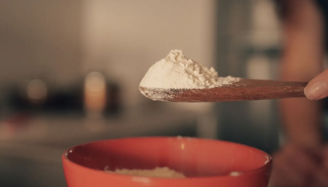 Spoonful of baking soda held over a bowl