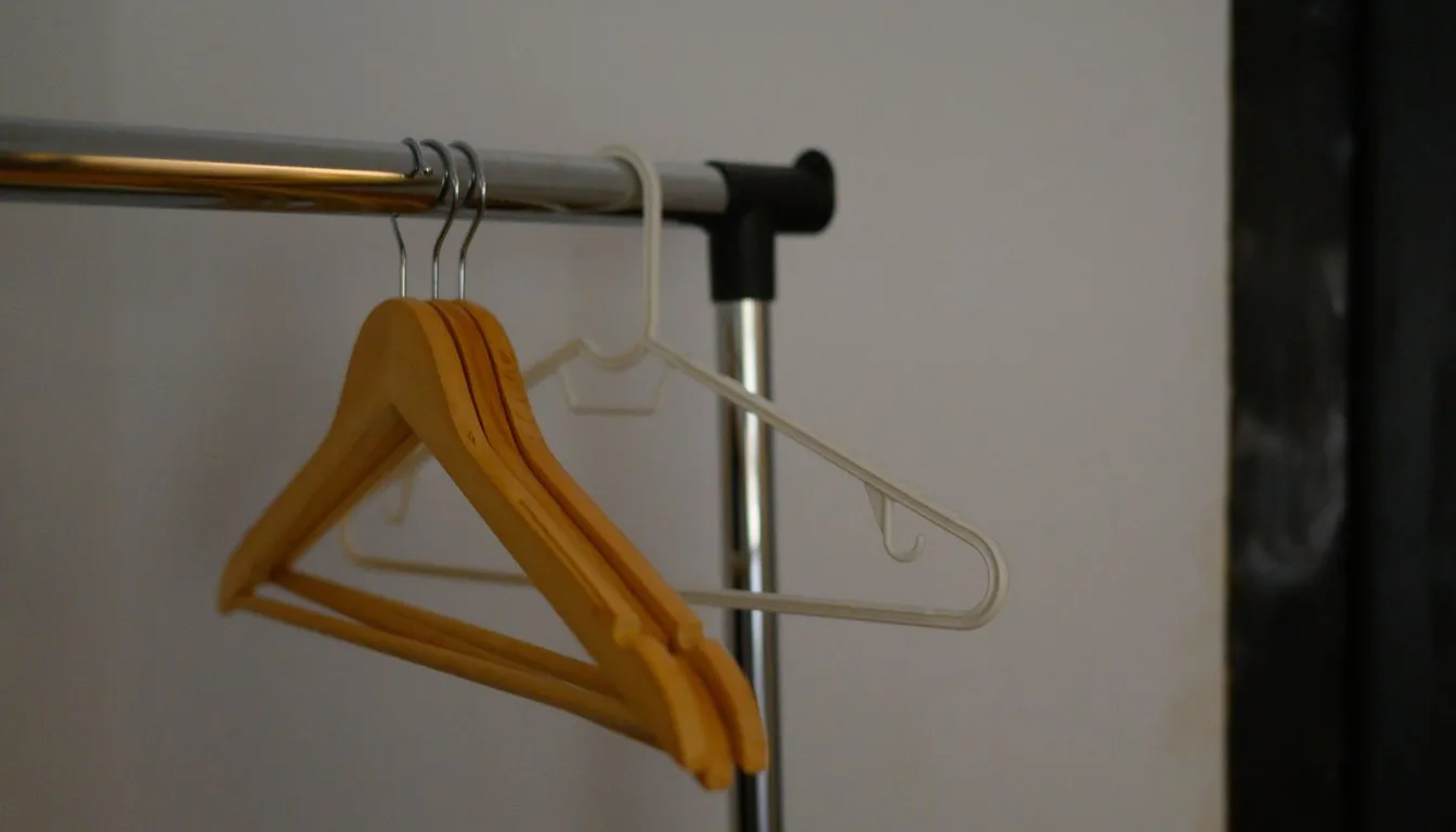 Empty wooden hangers on a clothes rail