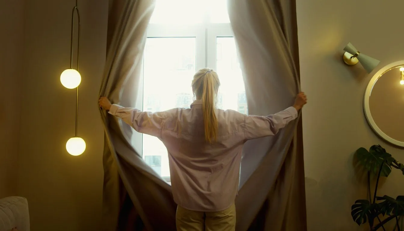 Woman opening curtains to air out a room
