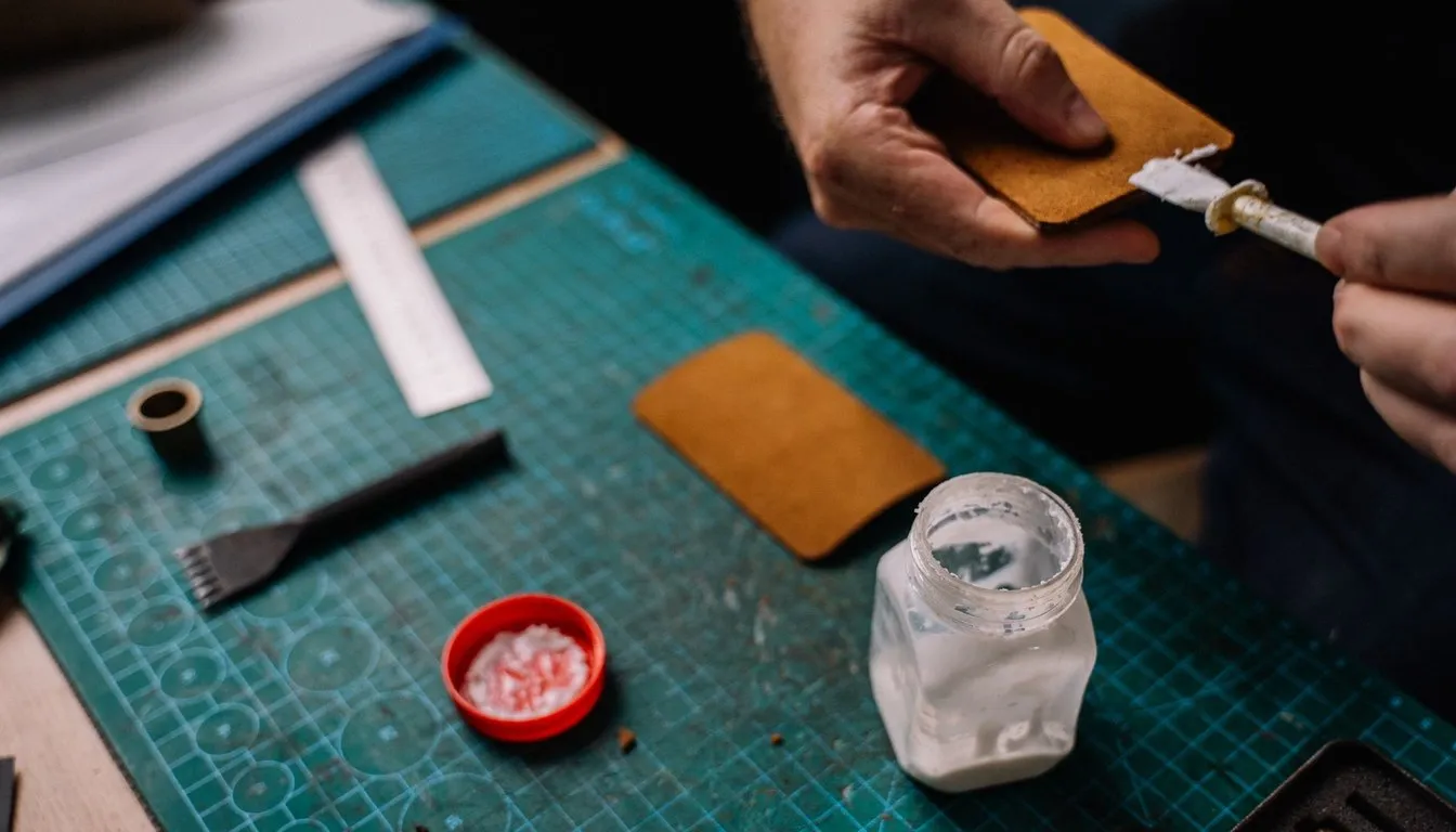 Hands applying glue to leather at a craft workbench