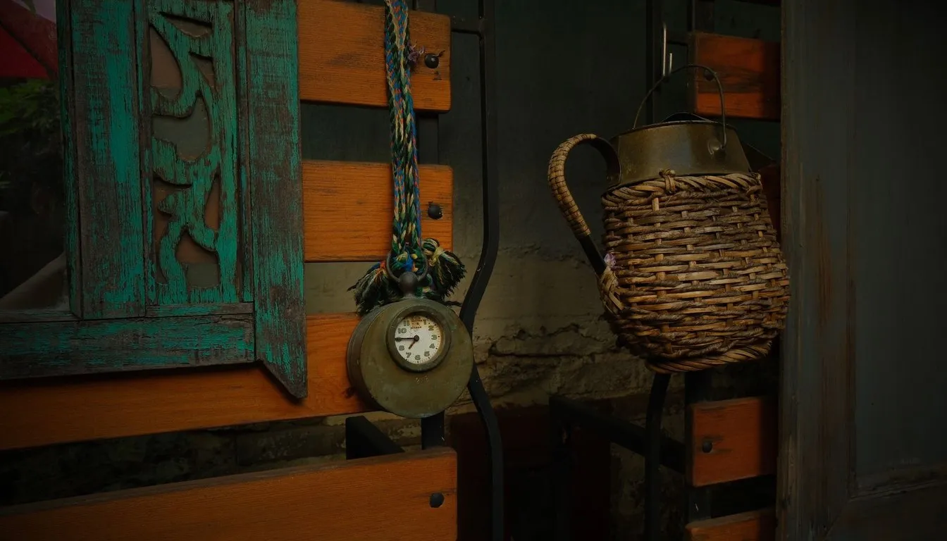 Clock and baskets hanging on a rustic wall