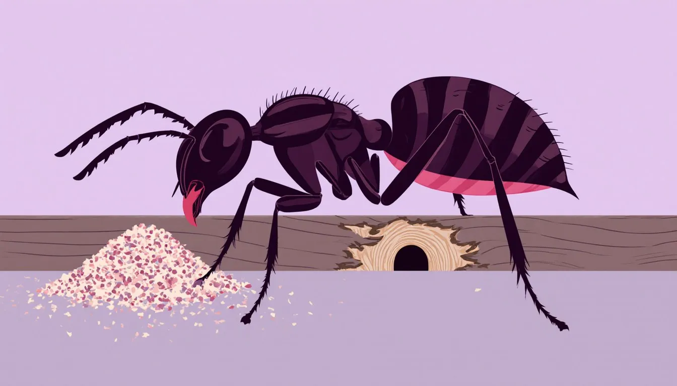 A carpenter ant beside frass at a nest hole in wood