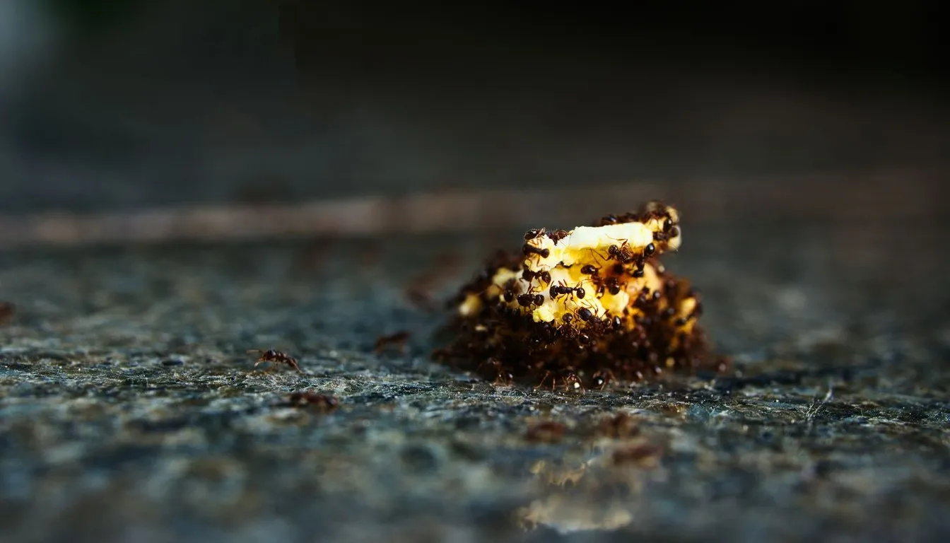 Ants swarming a food scrap on the ground
