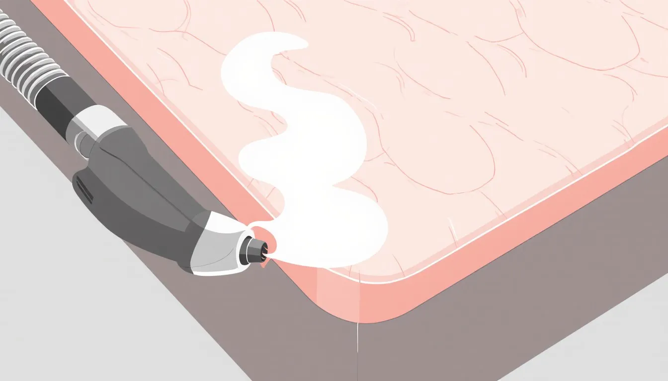 A steam nozzle treating a mattress seam