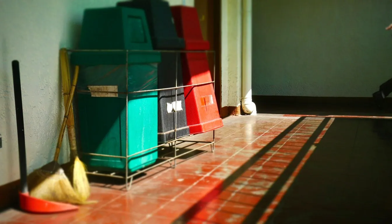 Garbage bins in a tiled utility area